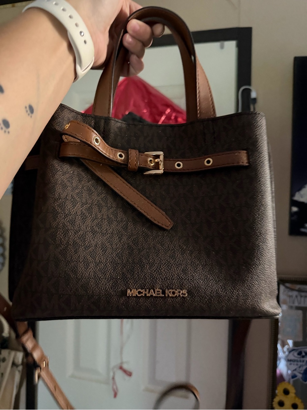 Michael Kors Dark Brown Monogram Satchel with Tan Trim